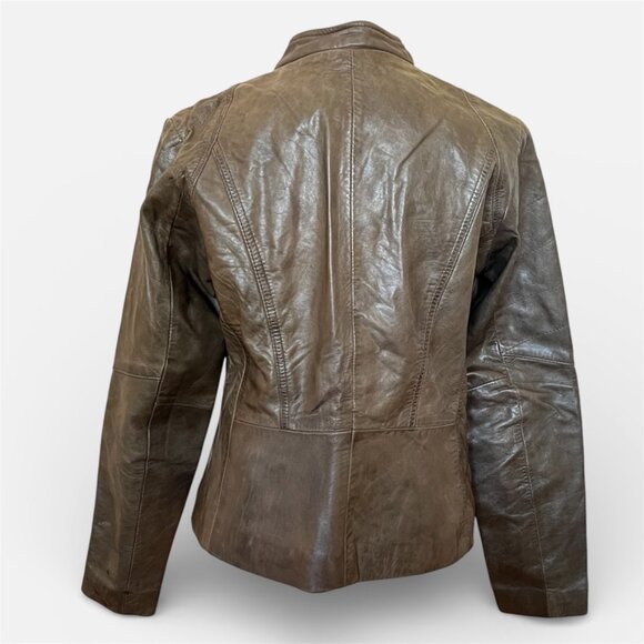 Marc New York Olive Leather Moto Jacket Zip Banded Collar Medium - Picture 3 of 16